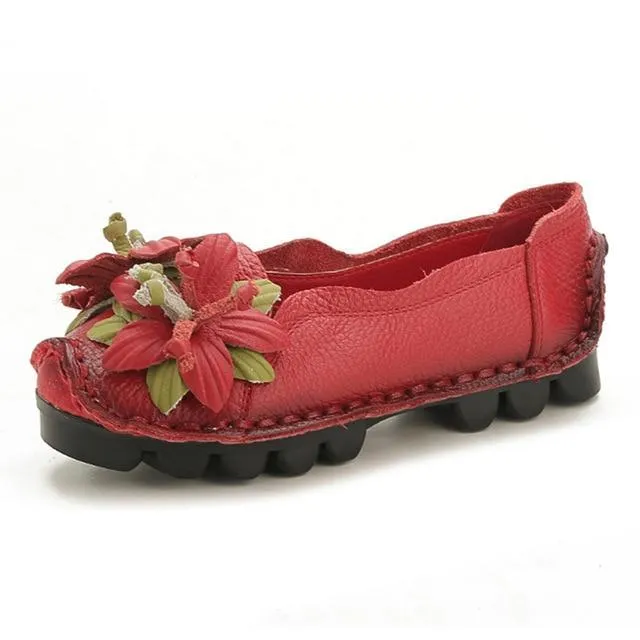 Flowers Flat Shoes Women  Genuine Leather Shoes