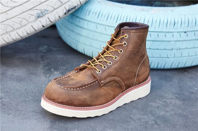 Vintage Men Boots Lace-Up Genuine Leather Boots Wing Men Handmade Work Travel Wedding Ankle Boots Casual Fashion Red Boots